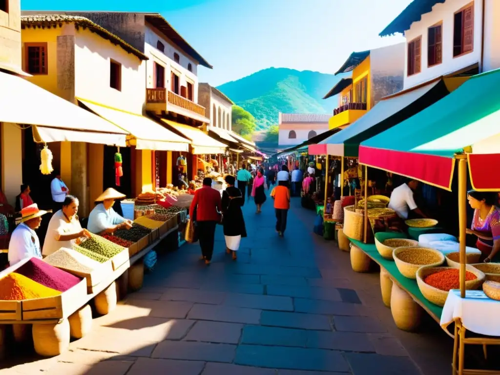 Un mercado bullicioso en un lugar exótico, con colores vibrantes y texturas ricas