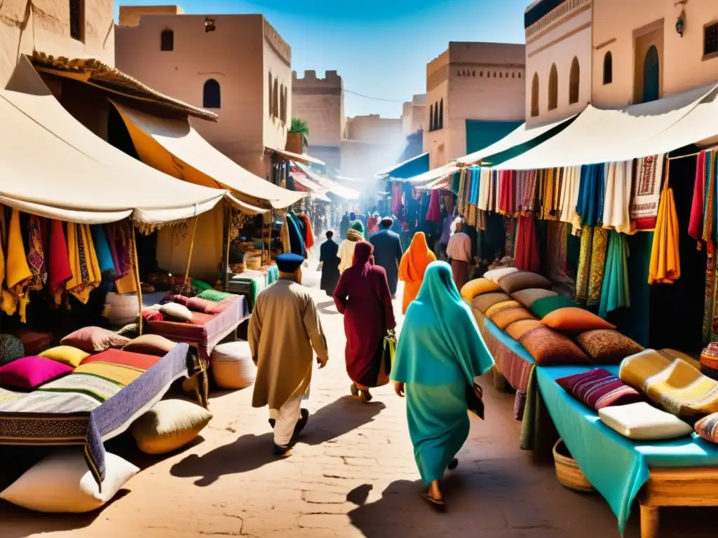 Un mercado bullicioso en el Magreb, con vestimentas tradicionales del Magreb, gente regateando y textiles coloridos