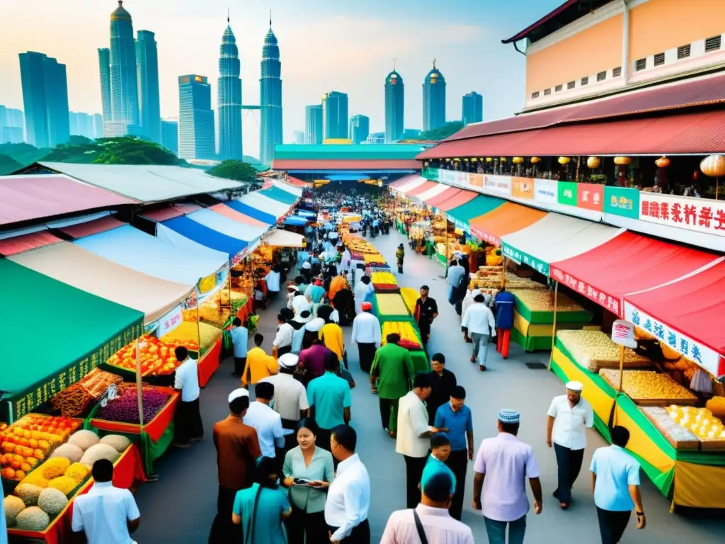 Mercado Halal: Criptomonedas y Tradición en Malasia Mercado bullicioso en Malasia con transacciones de criptomonedas Halal y escenas tradicionales, capturando la esencia del mundo islámico