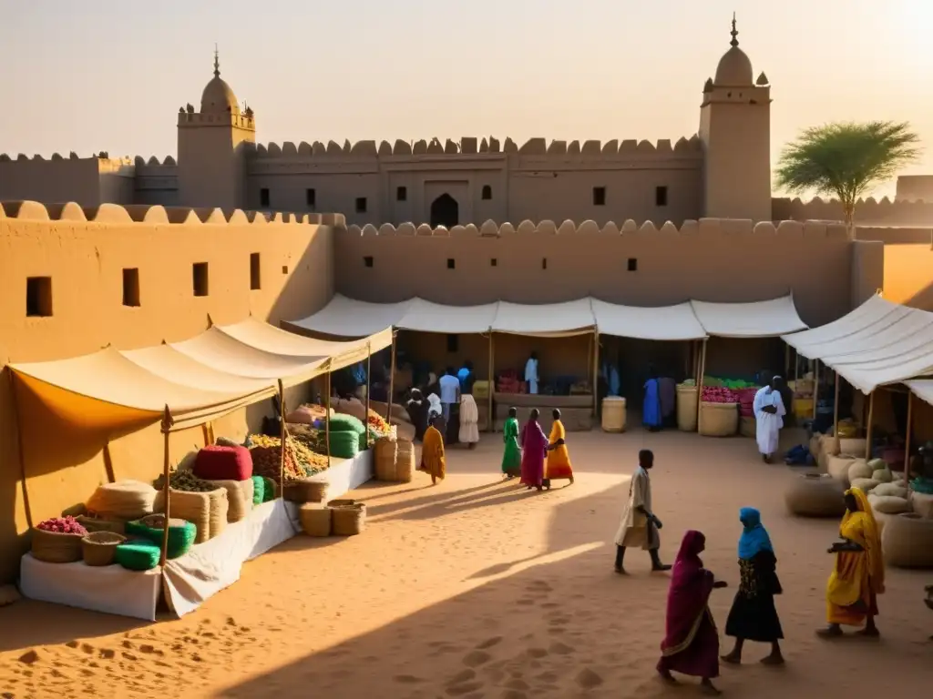 Mercado bullicioso en Timbuktu, Mali, con puestos de colores vendiendo textiles, especias y otros productos