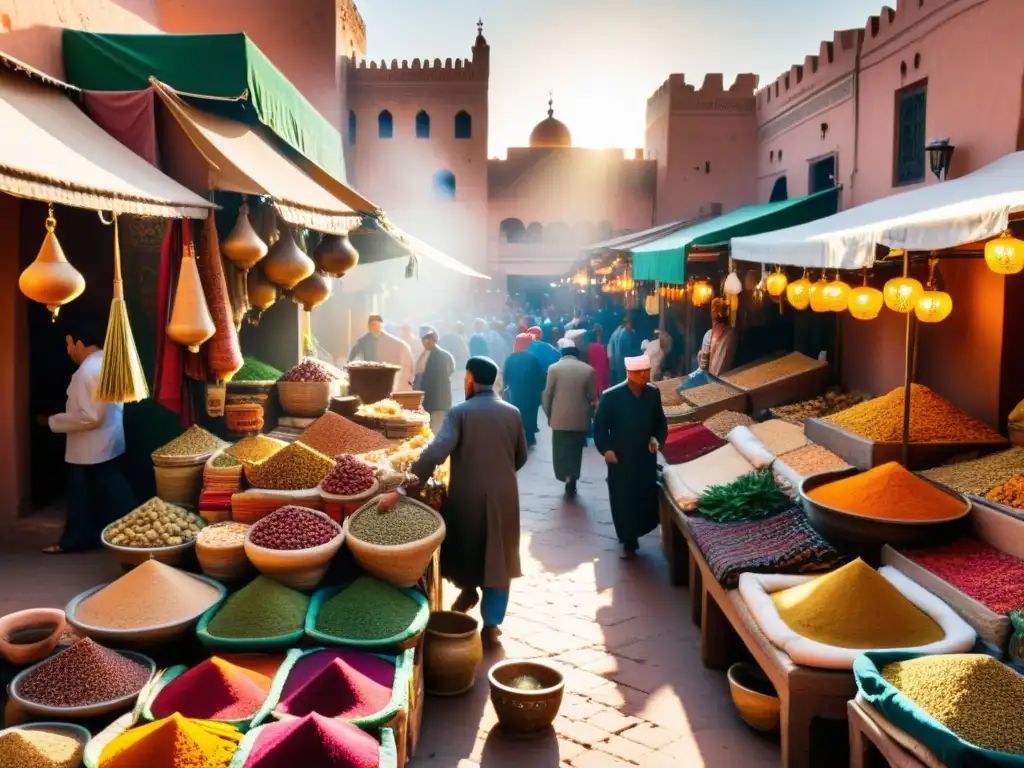 Mercado bullicioso en Marrakech con elementos culturales islámicos, realismo mágico en la presencia islámica