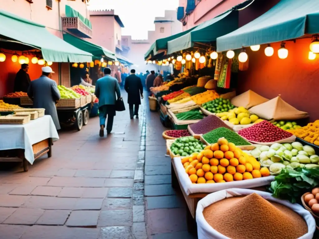 Mercado bullicioso en Marrakech con puestos coloridos y una variedad de alimentos frescos, especias y frutas