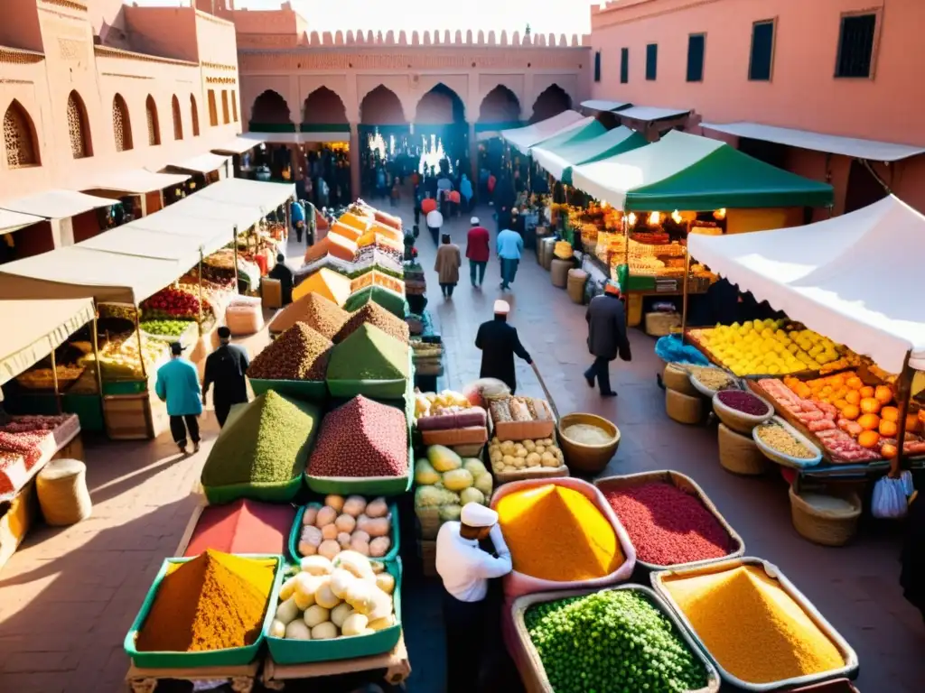 Mercado bullicioso en Marrakech con puestos de carne halal, frutas y especias