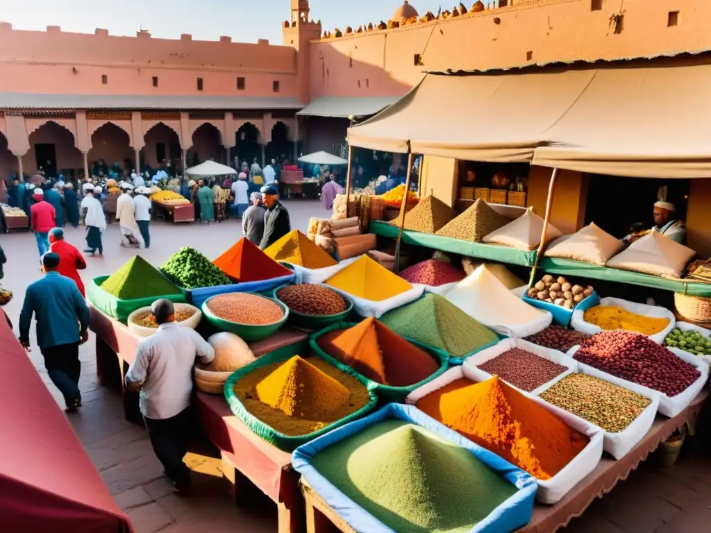 Un mercado bullicioso en Marrakesh, Marruecos, lleno de puestos vibrantes que venden una variedad de especias coloridas, productos frescos y delicias tradicionales halal