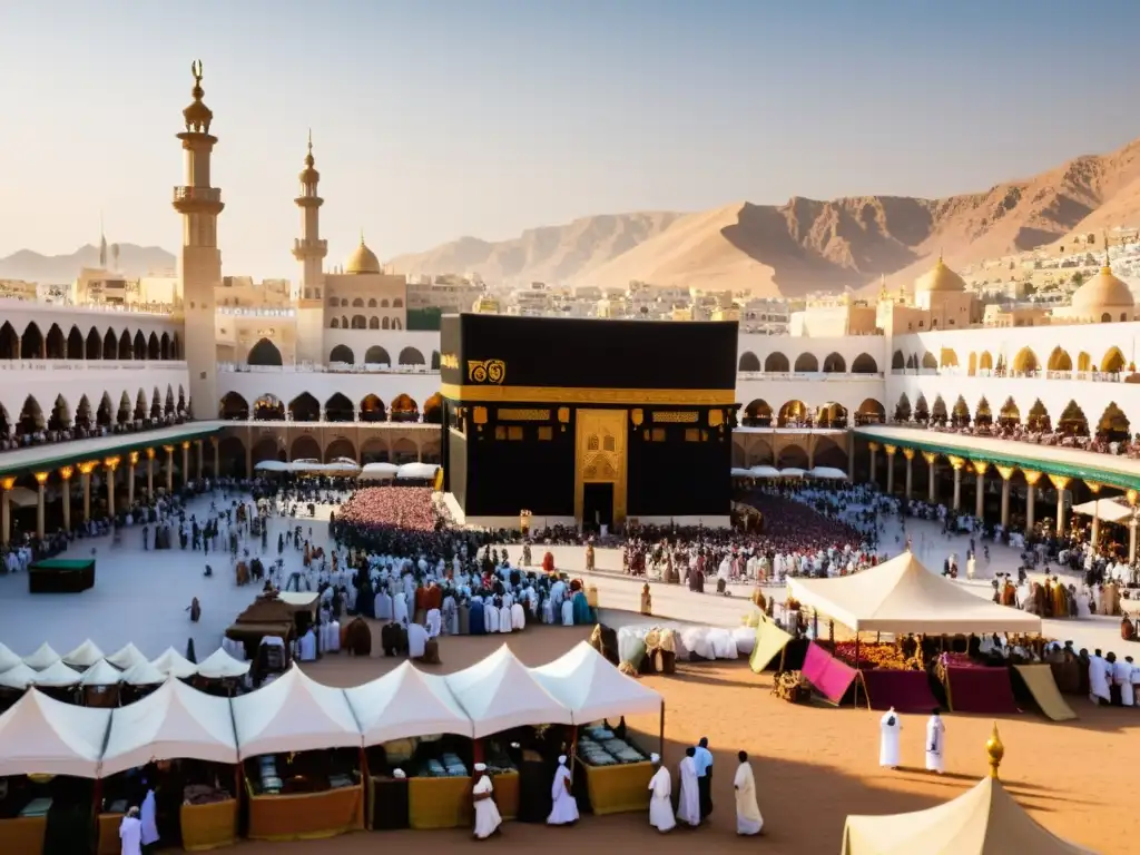 Mercado bullicioso en la Mecca del siglo VII, con vendedores y coloridas mercancías