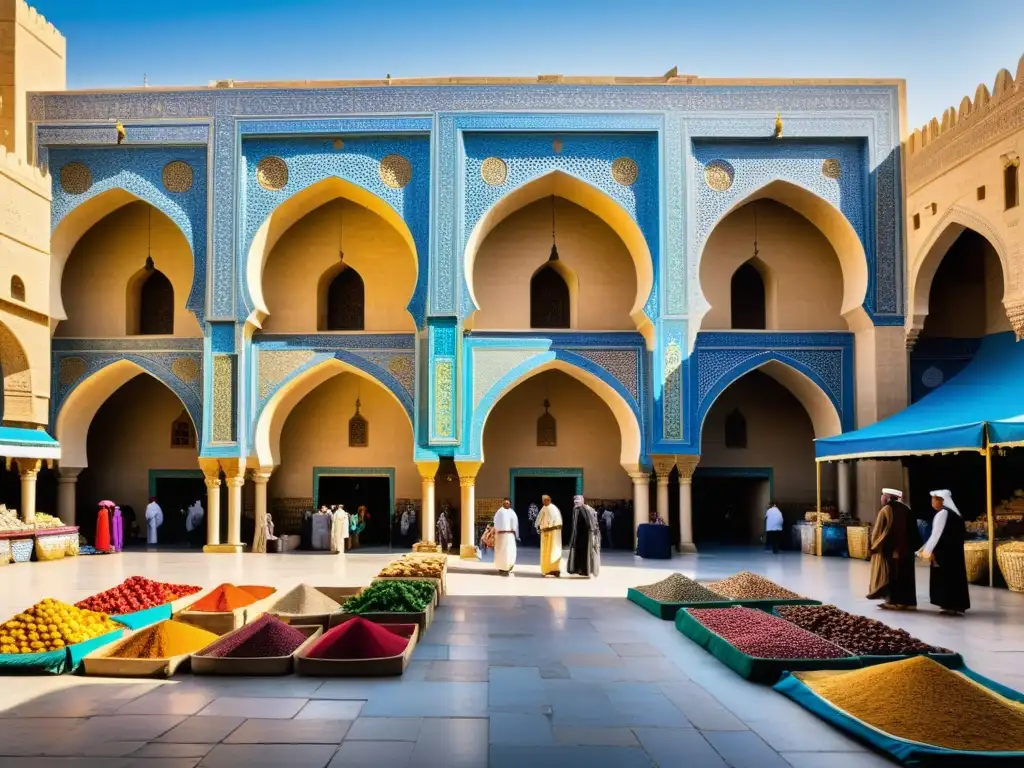 Mercado bullicioso de Bagdad medieval con colores vibrantes, aromas exóticos y arquitectura espléndida