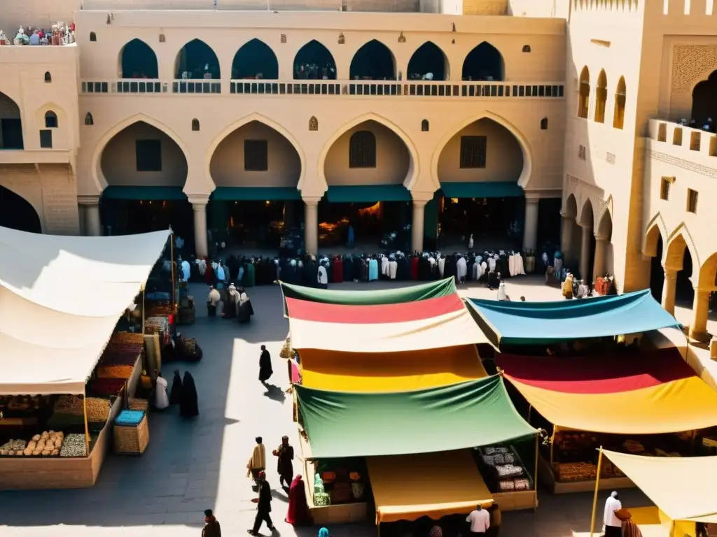Mercado bullicioso en la Bagdad medieval, con comerciantes regateando sedas y especias bajo la sombra de la gran mezquita