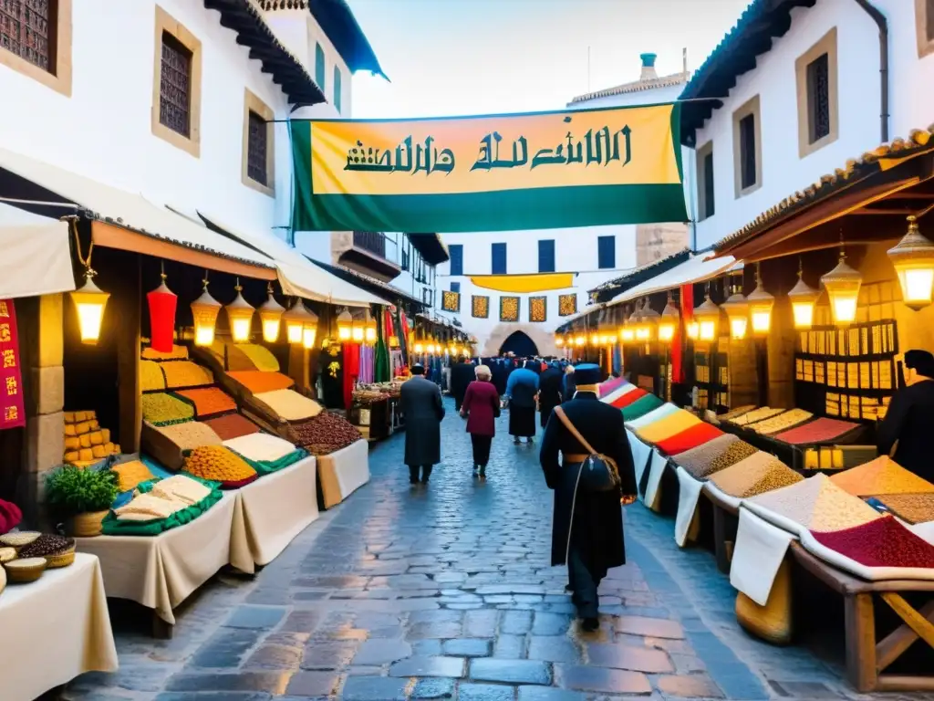 Mercado bullicioso en la Iberia medieval, reflejando la convivencia de las tres culturas en un ambiente vibrante de intercambio cultural y comercial