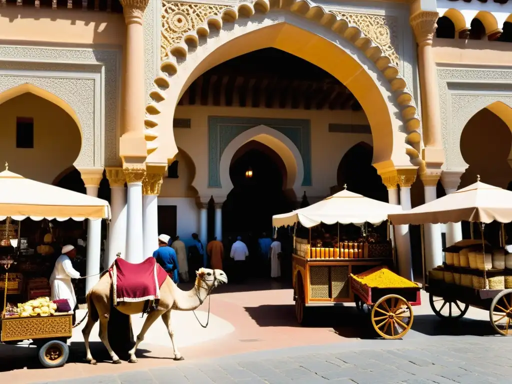 Mercado bullicioso en la Córdoba medieval, con influencia del Califato en rutas comerciales