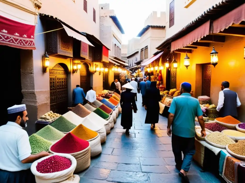 Mercado bullicioso en la medina de Fez, Marruecos, con textiles vibrantes, especias y artesanías hechas a mano bajo la cálida luz del atardecer