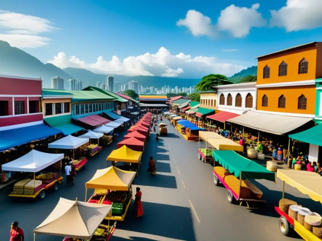 Un mercado bullicioso en Mindanao, con colores vibrantes y personas diversas en comercio