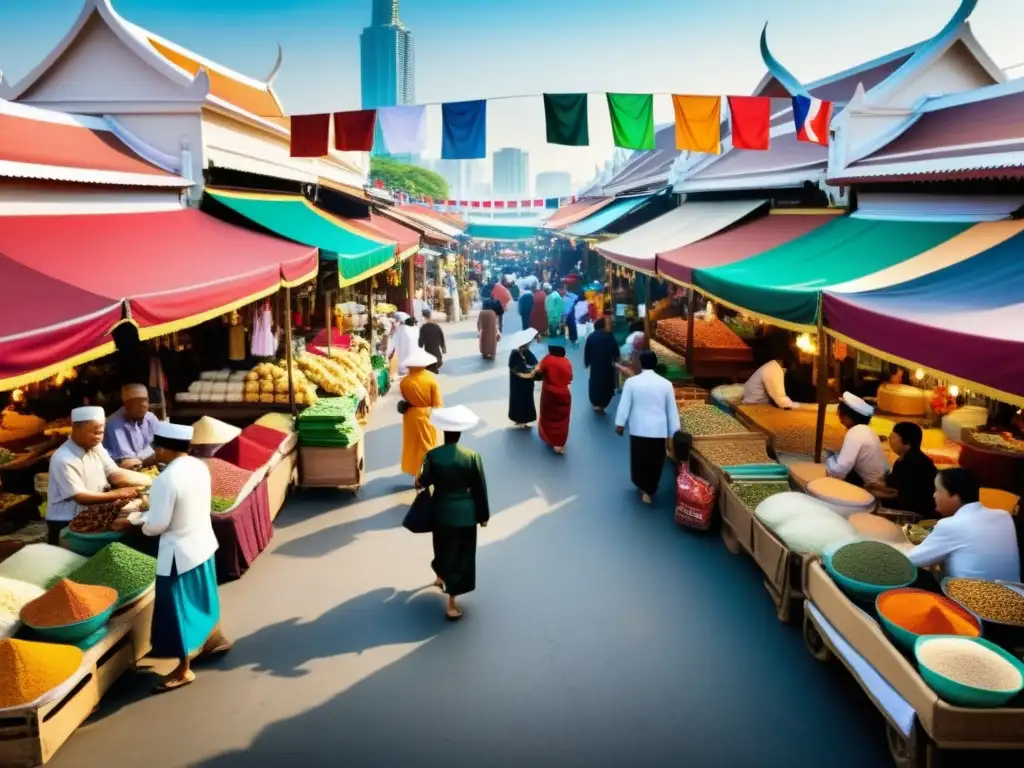 Mercado bullicioso en Tailandia con minorías musulmanas, cultura islámica y diversidad étnica en un ambiente vibrante y colorido