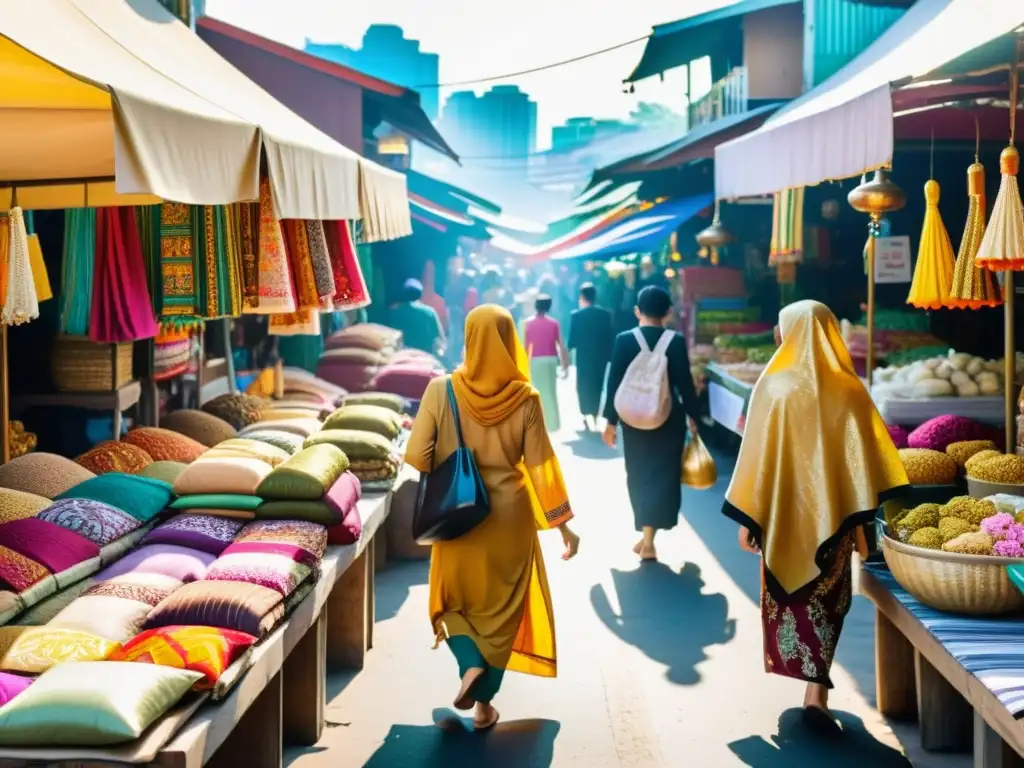 Un mercado bullicioso en Tailandia con minorías musulmanas vistiendo coloridos hijabs y ropa tailandesa