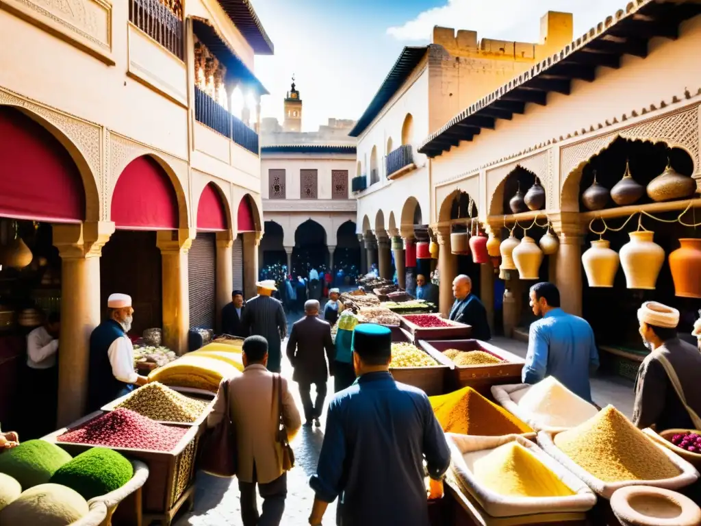 Mercado bullicioso en la mística ciudad de Fez, historia islámica