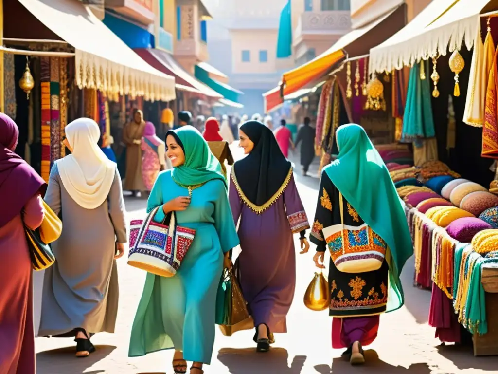 Un mercado bullicioso donde mujeres visten coloridos hijabs y abayas, creando una escena de belleza cultural