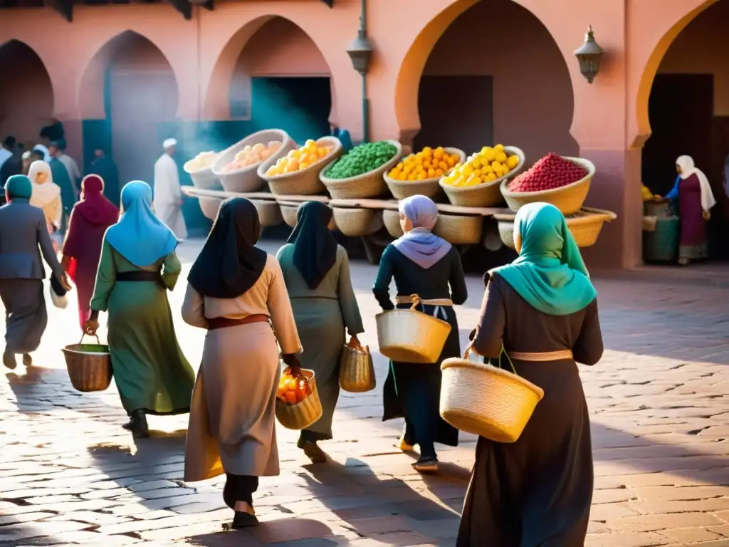 Mercado bullicioso en Marrakech, Marruecos, con mujeres en hijab llevando frutas y productos en la cabeza