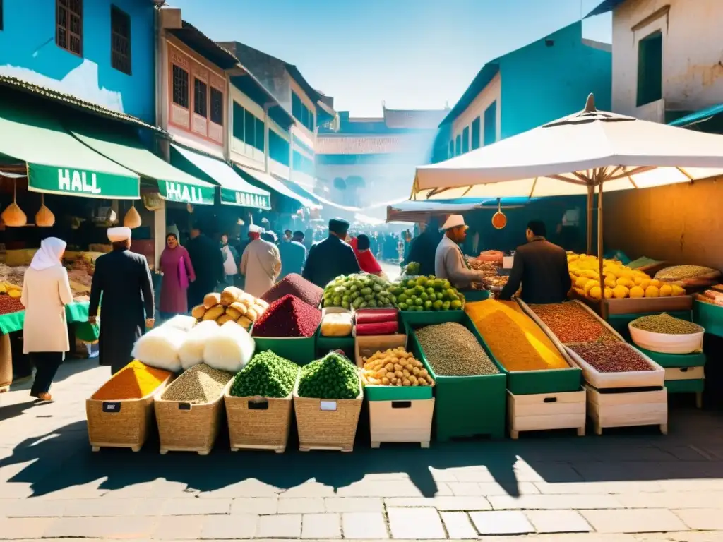 Un mercado bullicioso en un país extranjero, lleno de puestos de comida halal coloridos que venden especias, frutas y carne