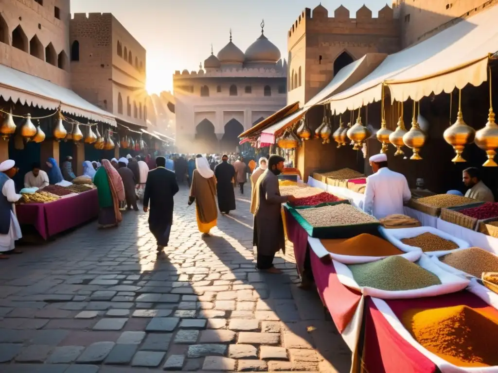 Mercado bullicioso en un país musulmán, con textiles coloridos, aromas de especias y la atmósfera cálida al atardecer