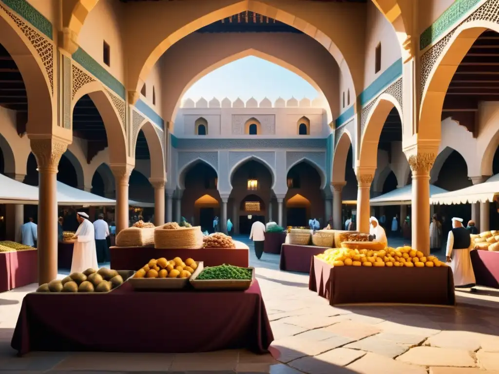 Mercado bullicioso reflejando los principios éticos de la banca islámica Sharia, con arcos ornamentados y azulejos intrincados