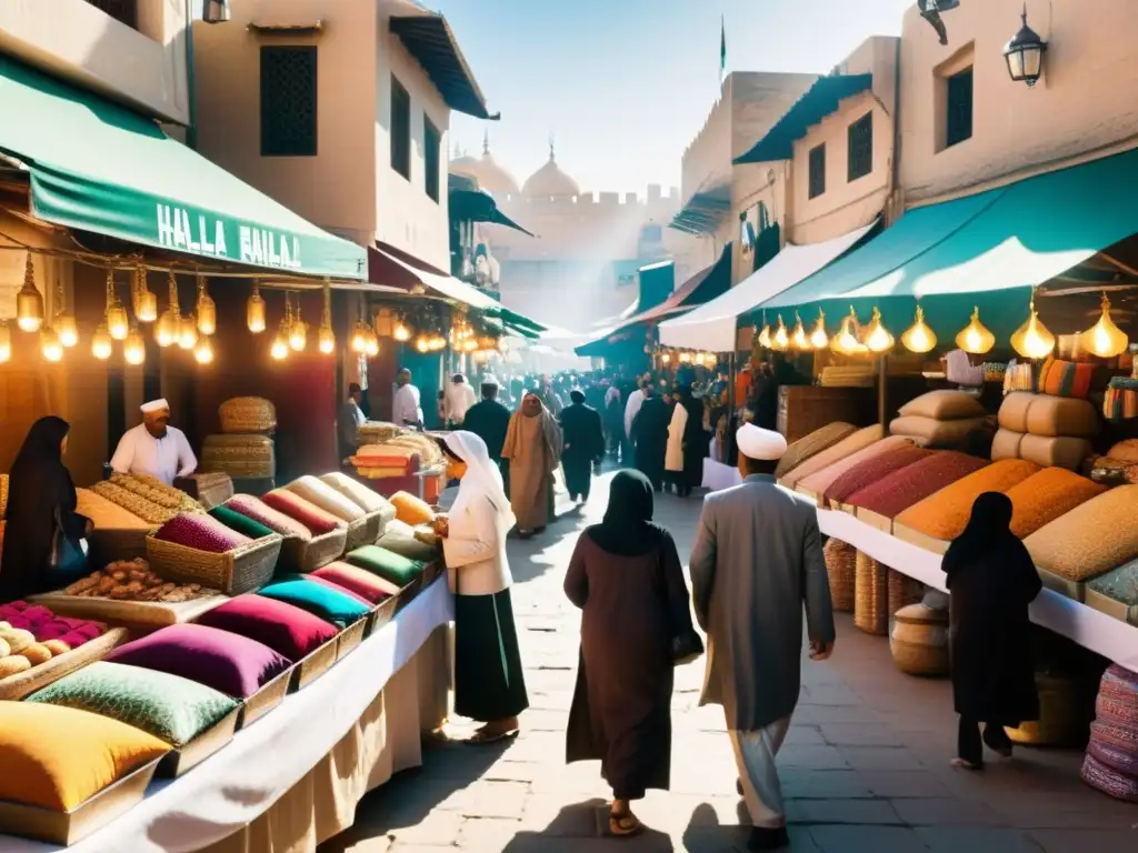 Mercado vibrante con productos financieros halal Mercado bullicioso con productos financieros halal, justicia económica y comunidad vibrante en una ciudad del Medio Oriente