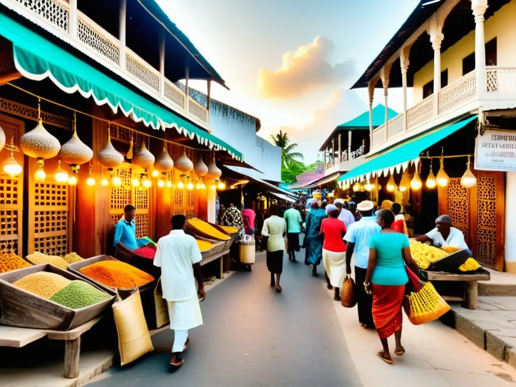 Mercado bullicioso en Stone Town, Zanzíbar, con puertas de madera intrincadas y textiles vibrantes bajo la cálida luz dorada del atardecer