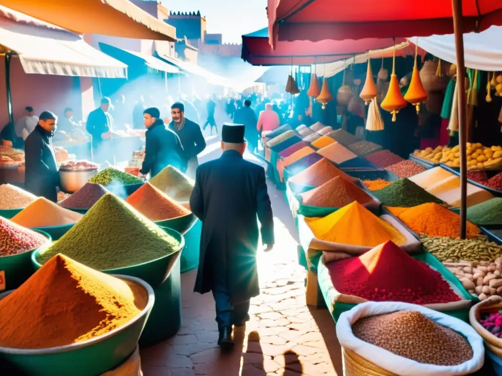 Mercado bullicioso en Marrakech, Marruecos, con puestos coloridos de especias, frutas frescas y carnes halal