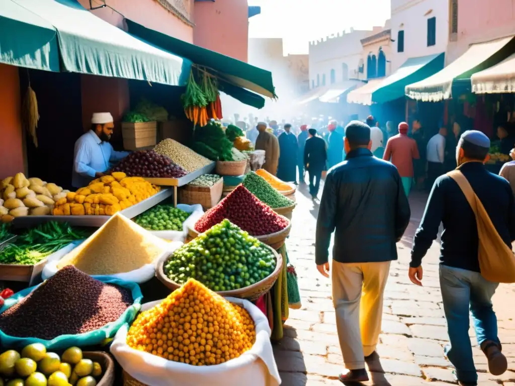 Un mercado bullicioso en Marruecos, con puestos coloridos rebosantes de frutas, verduras y especias frescas