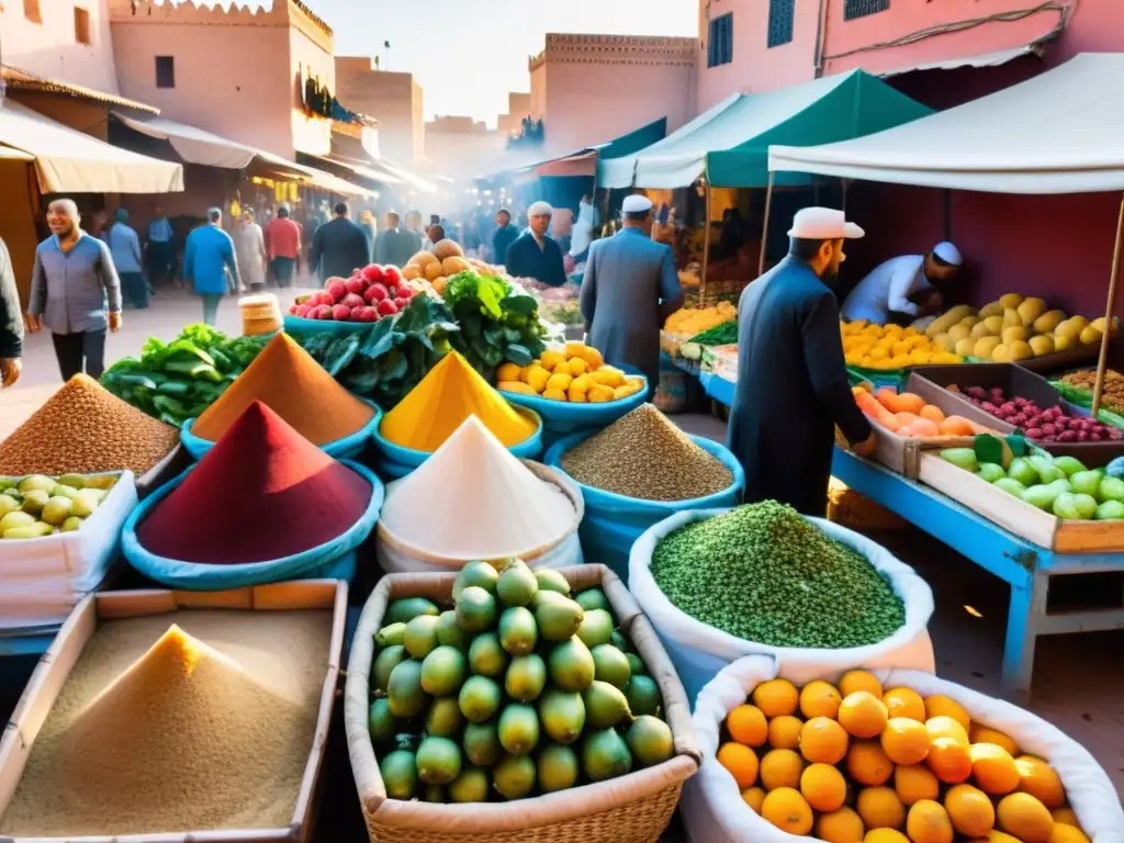 Mercado bullicioso en Marrakech, Marruecos, con puestos coloridos de frutas frescas, especias y alimentos tradicionales Halal