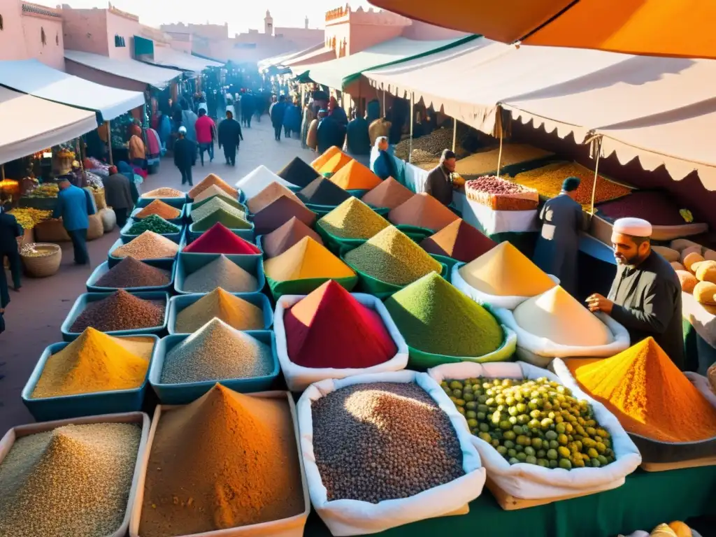 Un mercado bullicioso en Marrakech, Marruecos, con puestos coloridos vendiendo una variedad de alimentos halal