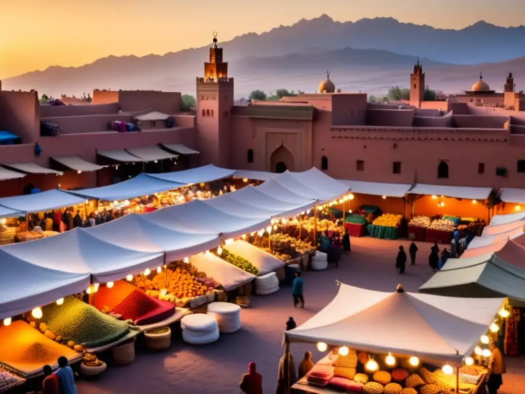 Mercado bullicioso en Marrakech, Marruecos, con puestos coloridos rebosantes de textiles, especias y cerámica bajo el cálido sol