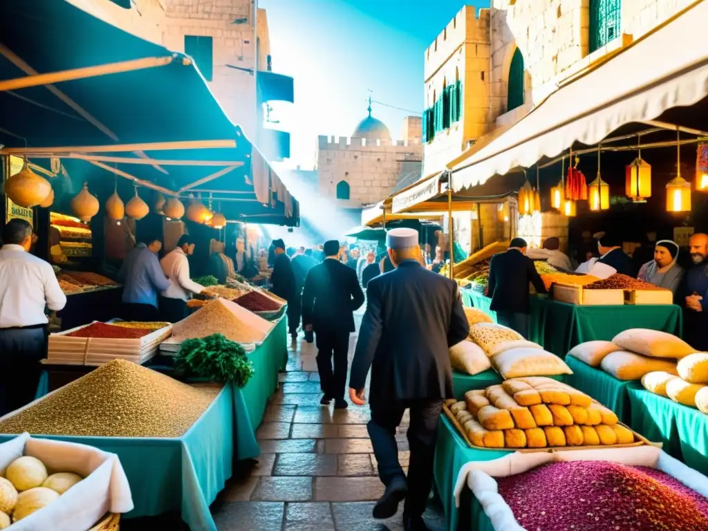 Mercado bullicioso en Jerusalén, con puestos de especias, frutas y pan