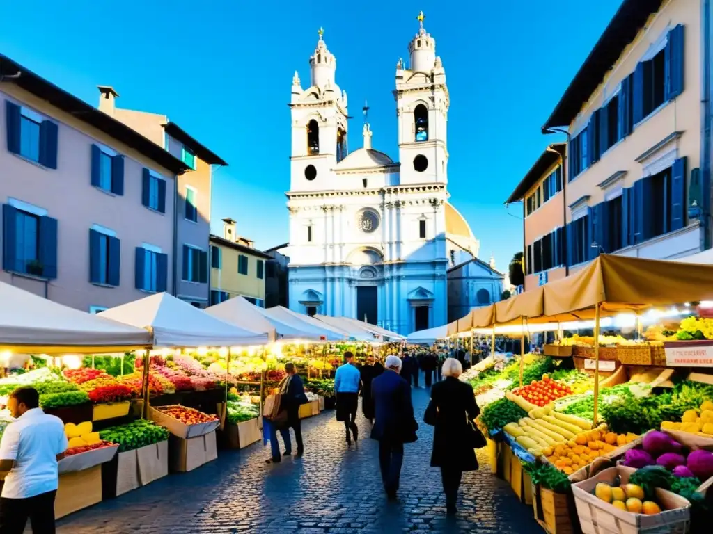 Mercado italiano vibrante con frutas frescas, flores y catedral histórica Un mercado bullicioso en Italia, con puestos de frutas, verduras y flores