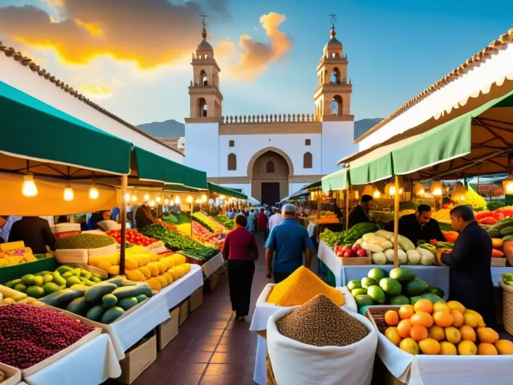 Un mercado bullicioso en Andalucía con puestos de frutas y especias