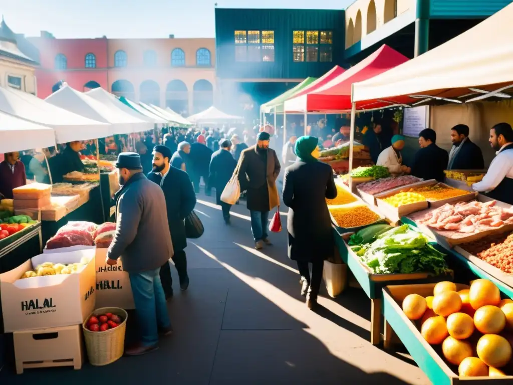 Un mercado bullicioso con puestos de productos frescos y carne halal