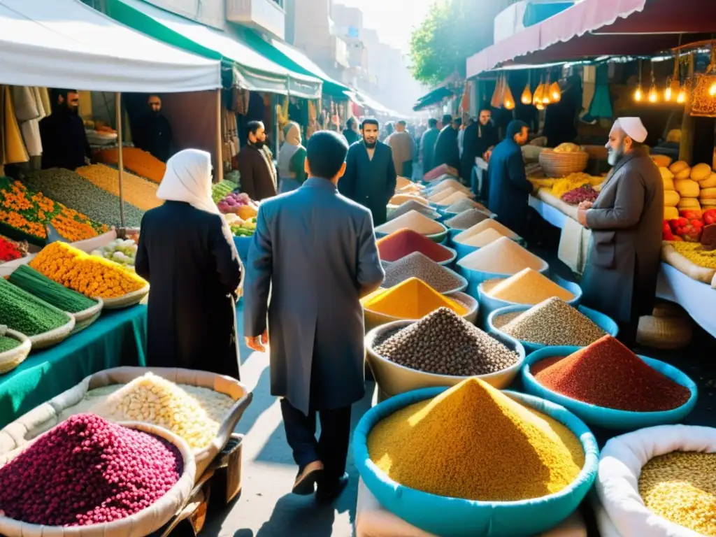 Mercado bullicioso en Teherán, con puestos de productos frescos, especias y utensilios de cocina persa