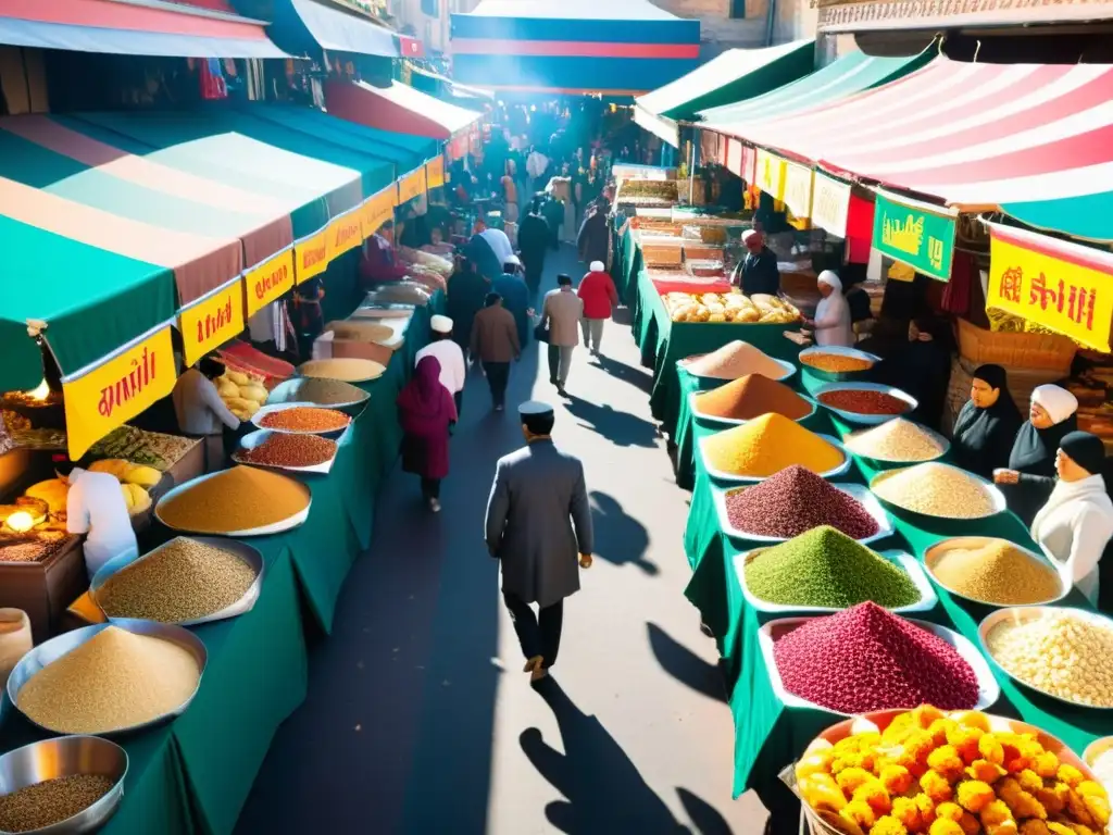 Un mercado bullicioso con puestos vibrantes de comida halal de todo el mundo