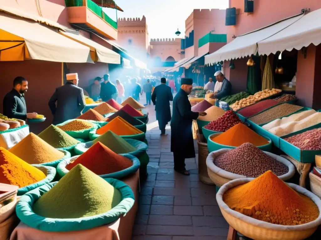 Un mercado bullicioso en Marrakech, Marruecos, rebosante de colores y aromas