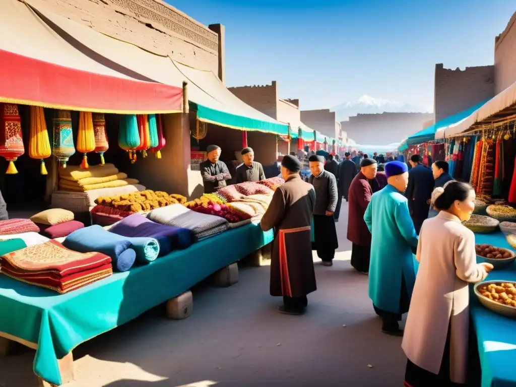 Mercado bullicioso en Xinjiang, con ropa y textiles tradicionales Uigures