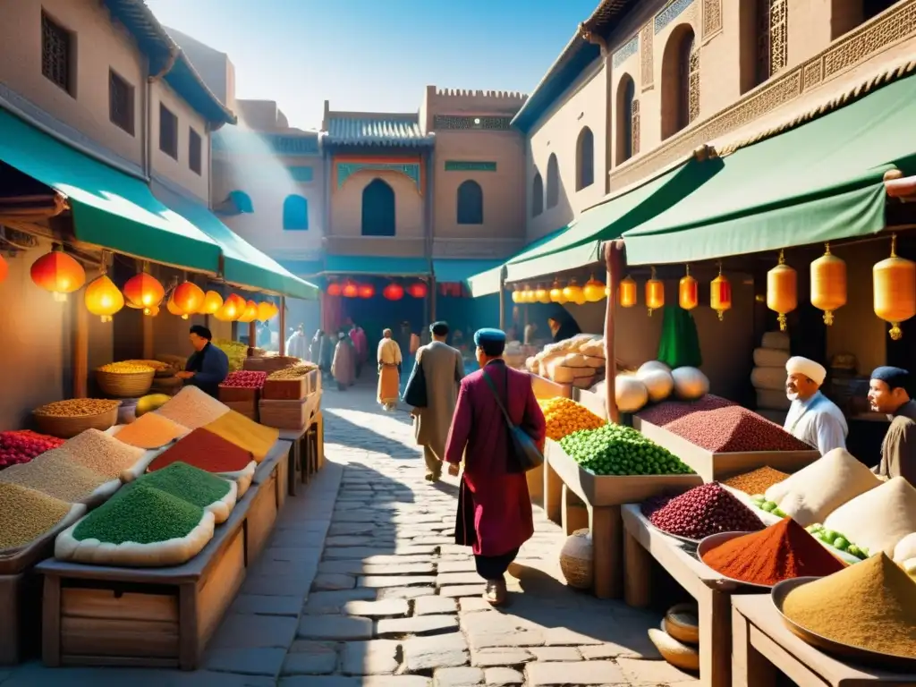 Mercado bullicioso en la Ruta de la Seda con influencias gastronómicas, vendedores, especias y arquitectura multicultural