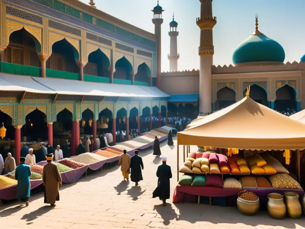 Mercado bullicioso en la Ruta de la Seda, con telas intrincadas, especias, comerciantes y viajeros, mostrando intercambios culturales y la influencia del Islam