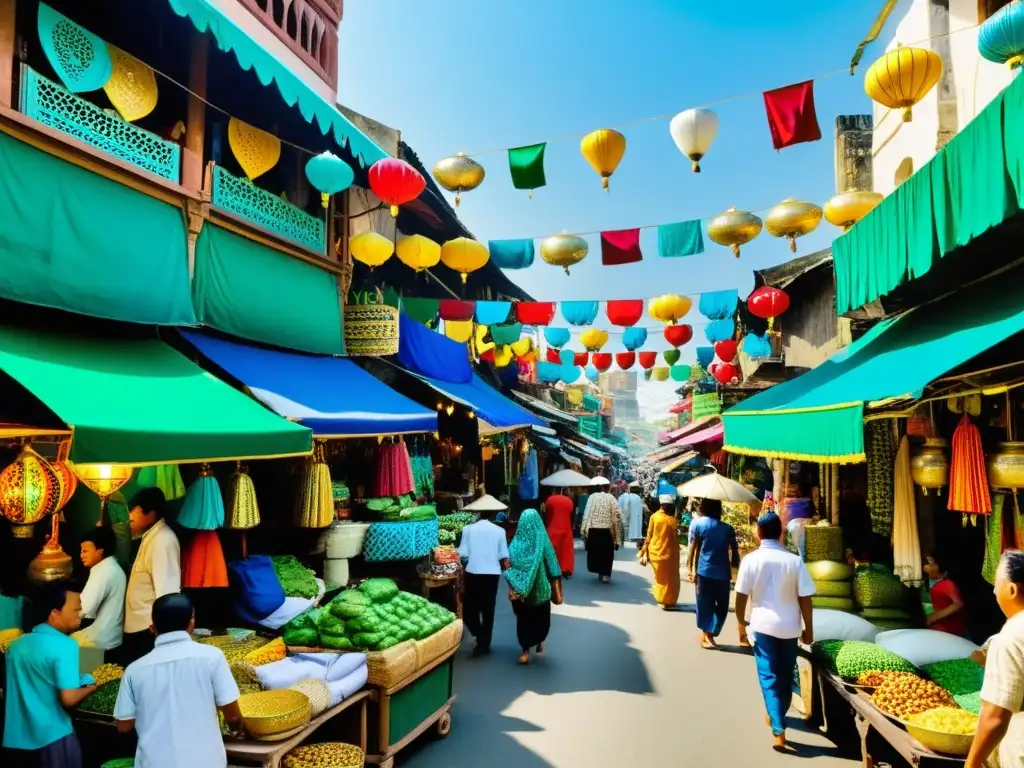 Mercado bullicioso en el sudeste asiático con festivales islámicos y coloridas artesanías en una calle llena de vida