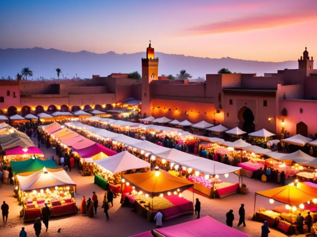 Mercado bullicioso en Marrakech, Marruecos, con telas coloridas, faroles y una atmósfera vibrante al atardecer