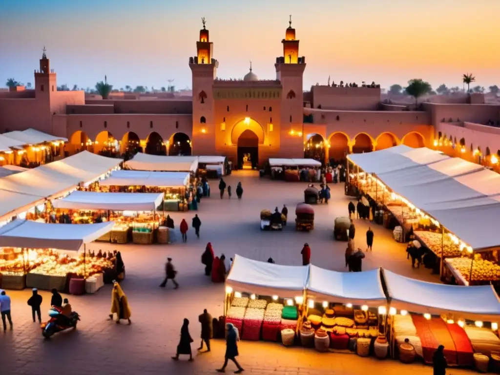 Mercado bullicioso en Marrakech con textiles y cerámica, la mezquita Koutoubia iluminada por la cálida luz del atardecer, captura la esencia dinámica de la cultura islámica contemporánea y sus ricas tradiciones literarias