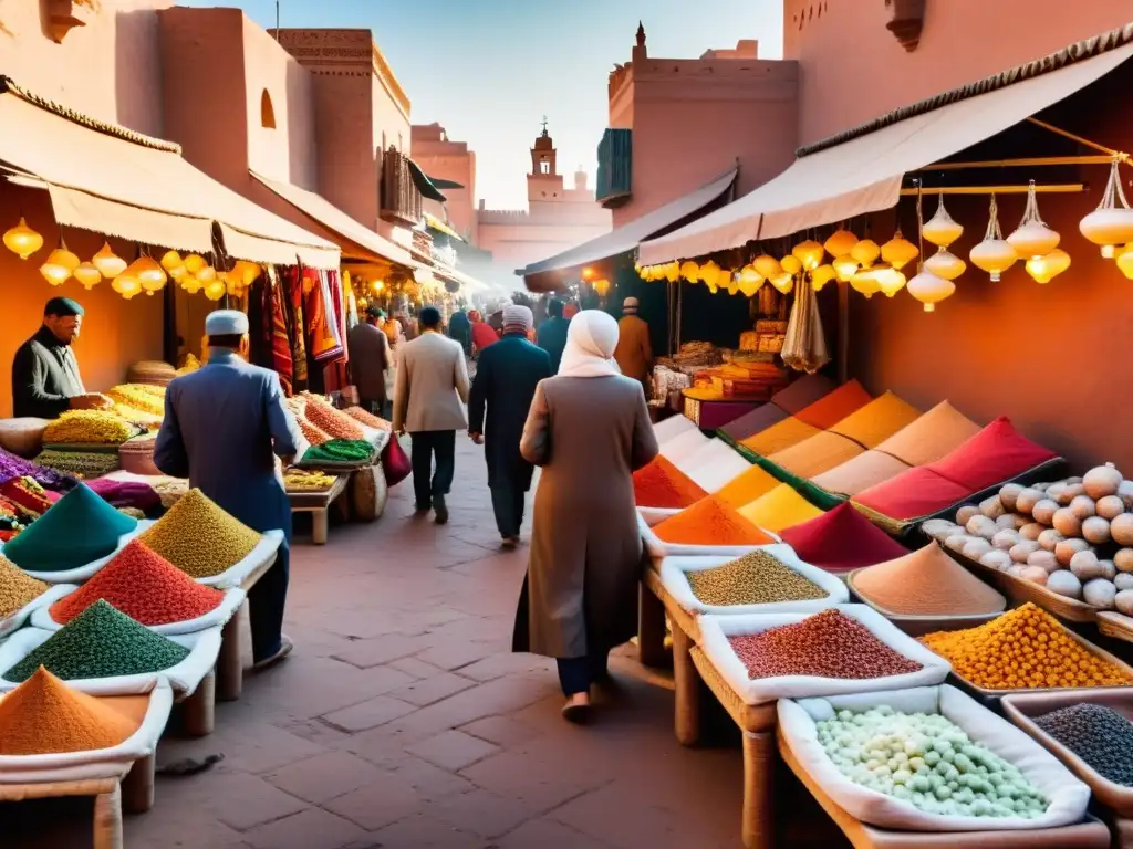 Mercado bullicioso en Marrakech, Marruecos, con textiles y cerámicas coloridos