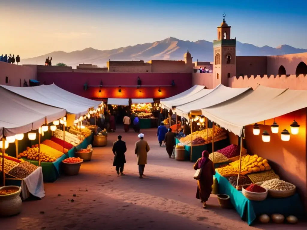 Un mercado bullicioso en Marrakech, Marruecos, con textiles coloridos, especias aromáticas y faroles intrincados bajo la cálida luz