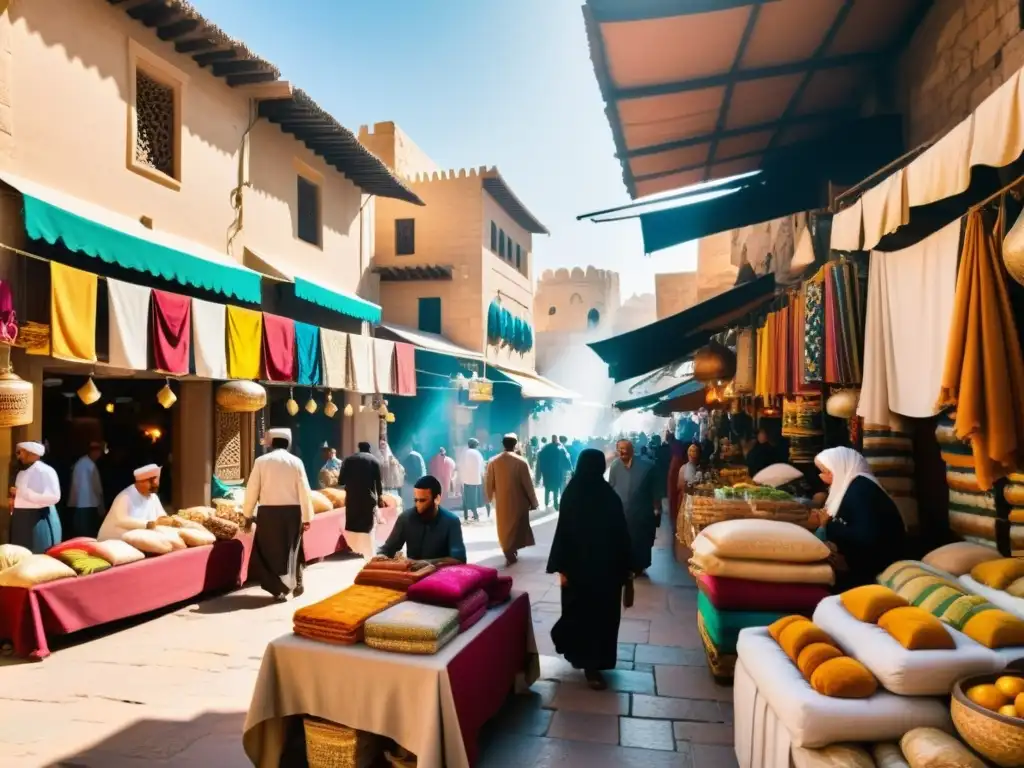 Mercado árabe bullicioso con textiles coloridos y ambiente vibrante, reflejo del humor en la literatura árabe