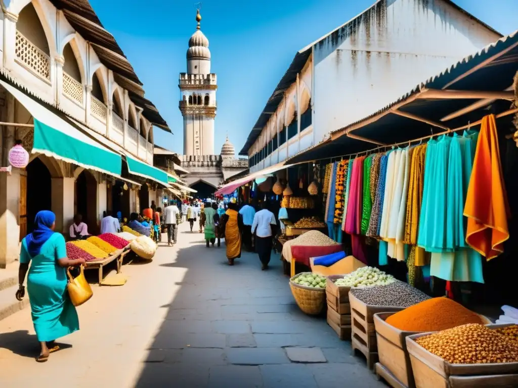 Mercado bullicioso en Stone Town, Zanzíbar, con textiles coloridos y especias