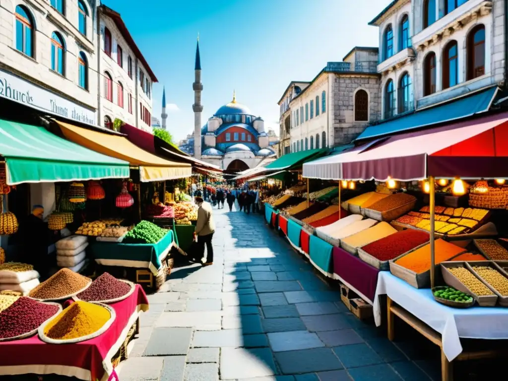 Mercado bullicioso en Estambul, Turquía, con textiles coloridos, especias y productos tradicionales