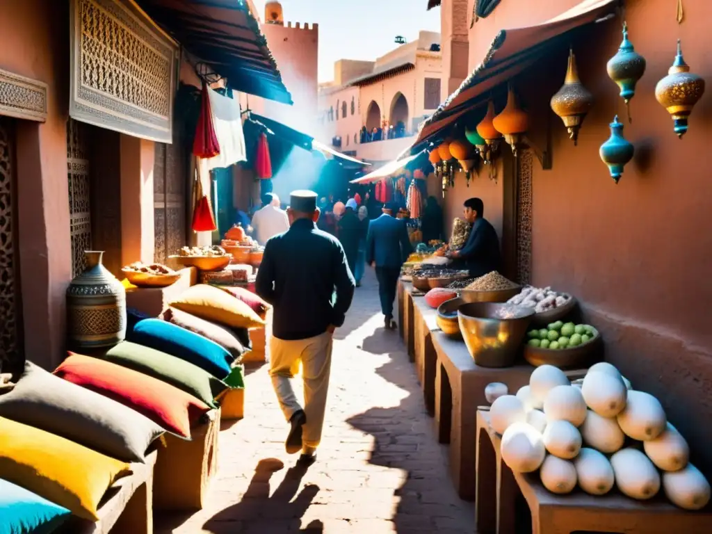 Mercado bullicioso en Marrakech, Marruecos, con textiles coloridos, cerámica intrincada y una energía vibrante de vendedores y compradores locales