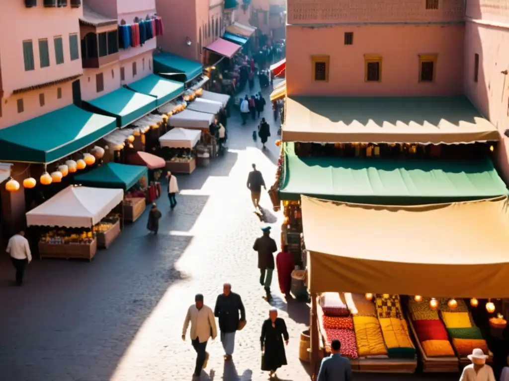 Mercado bullicioso en Marrakech, Marruecos, con textiles coloridos, patrones de mosaico y una mezcla de gente local y turistas